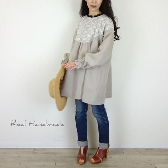 予約販売] しっとり亜麻色リネン袖フリル丸ヨークアンティーク風