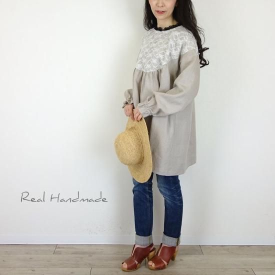 予約販売] しっとり亜麻色リネン袖フリル丸ヨークアンティーク風