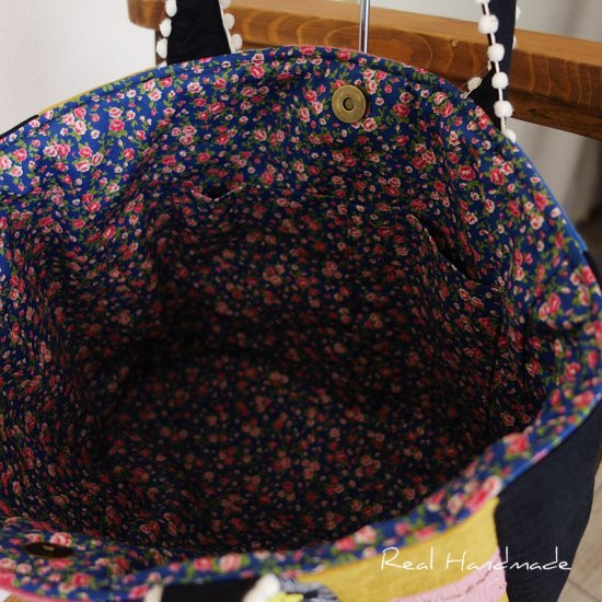 リネンとミモザ刺繍パッチワークＢＡＧ -リアルハンドメイド-