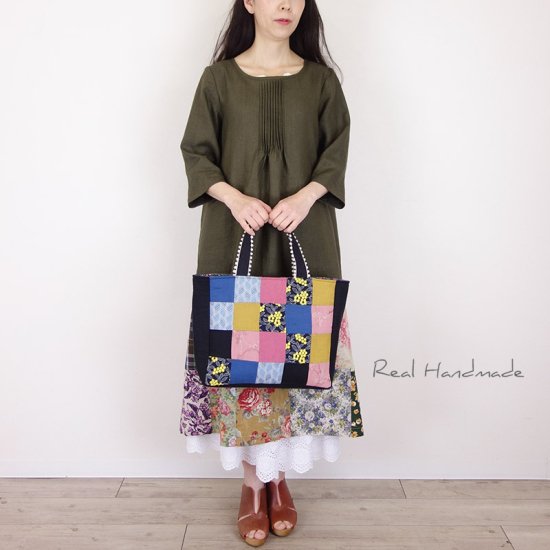 リネンとミモザ刺繍パッチワークＢＡＧ -リアルハンドメイド-