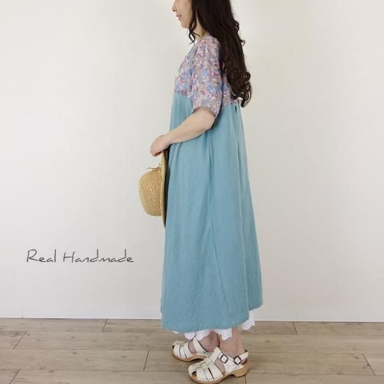 ハンドメイド作家さん　リネンワンピース リップルフラワーとスモーキーブルーWガーゼドロップワンピース