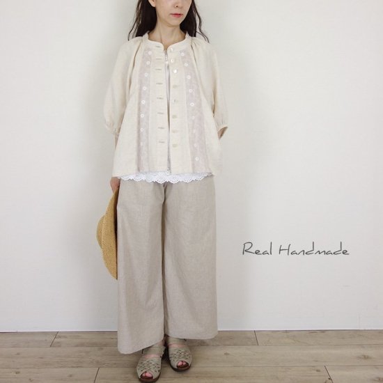 ナチュラルベージュリネンワイドパンツ | ハンドメイドのゆったり楽なウエストゴムパンツ - REAL HANDMADE -リアルハンドメイド-  心を込めて手作りした素敵なお洋服をあなたへ。。