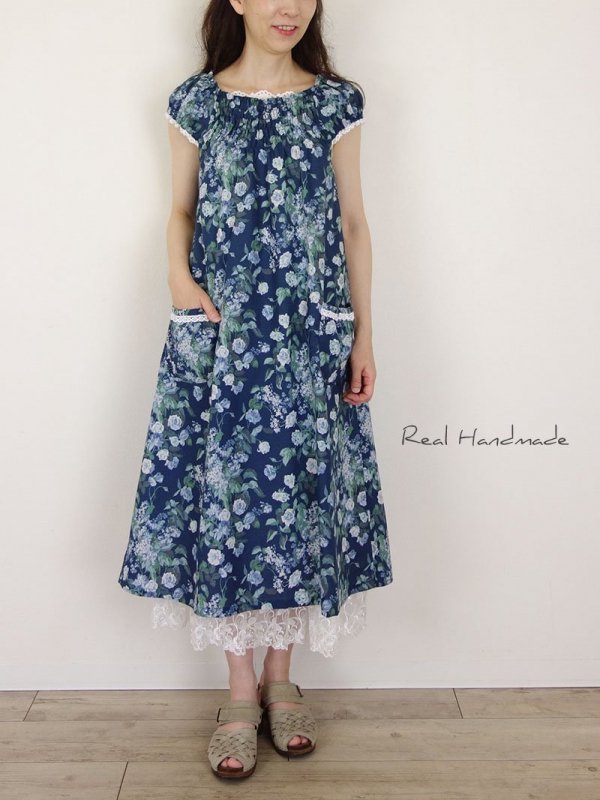 コットンリネン花ワンピース | Blue - REAL HANDMADE -リアルハンドメイド- 心を込めて手作りした素敵なお洋服をあなたへ。。