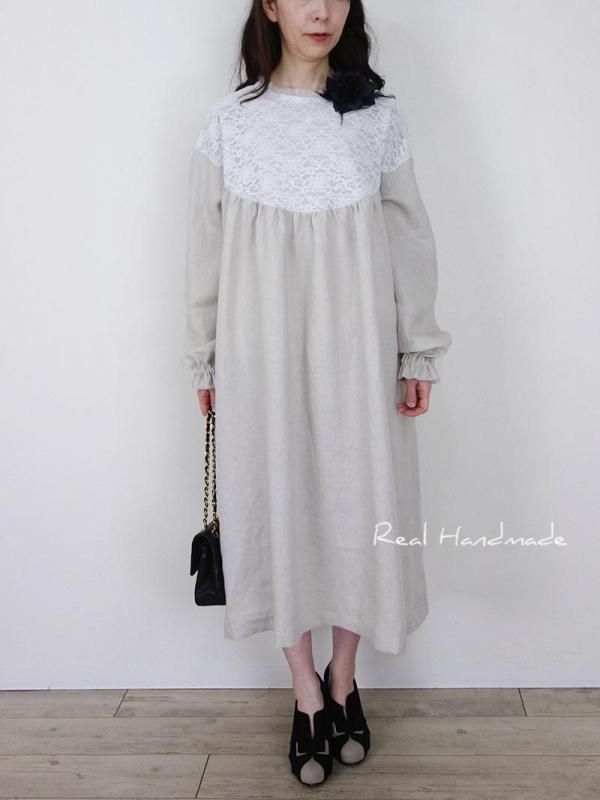 リネンアンティーク風ワンピース | ドロップ袖フリル - REAL HANDMADE