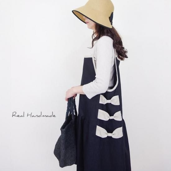 予約販売] Cocoと黒リネンのリボンキャミワンピース - REAL HANDMADE