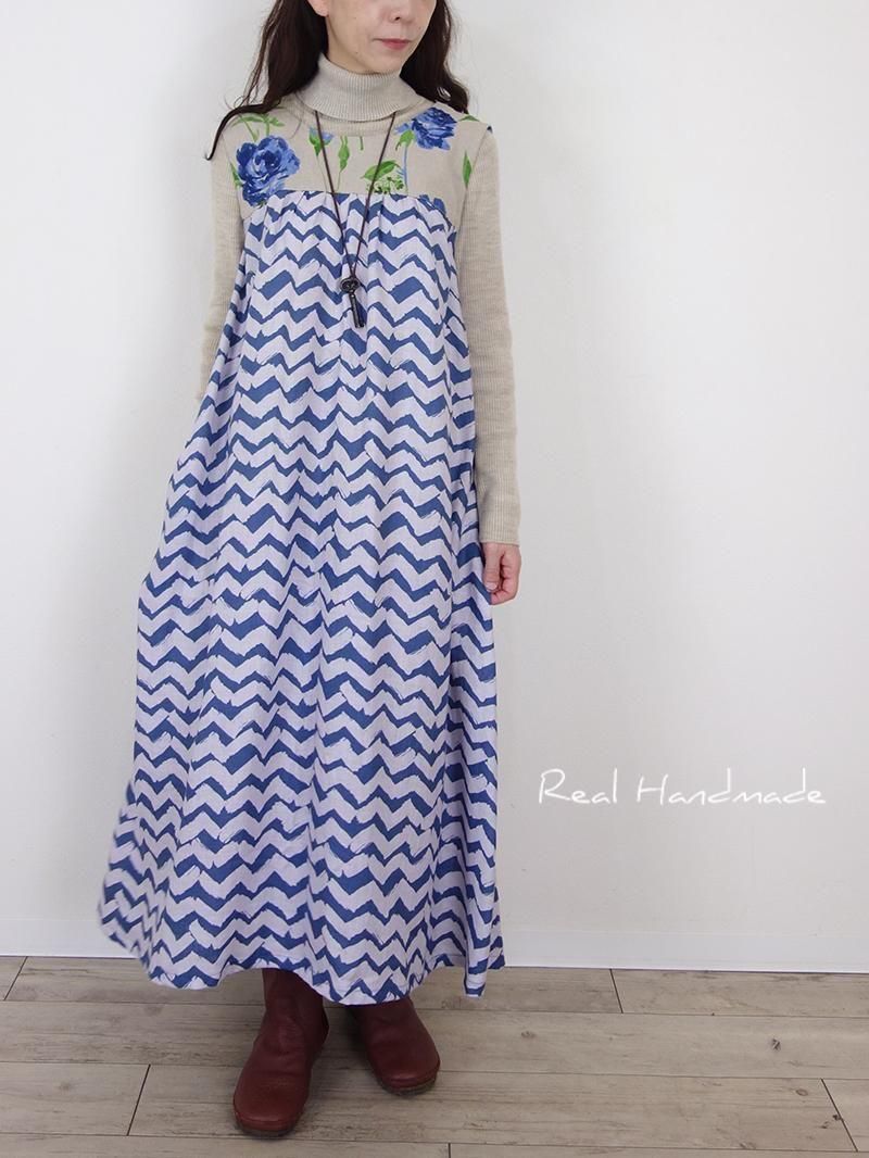 リネンの青波と花のワルツ | バックリボンワンピース - REAL HANDMADE