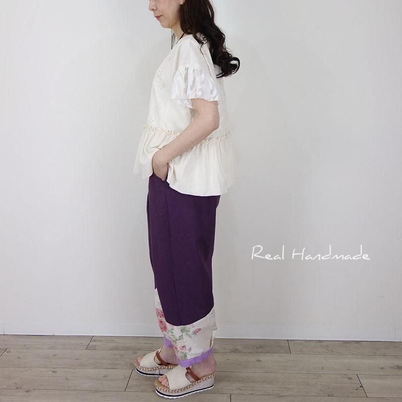 8651*藍染＆ハンドメイド 四角衣ブラウス 花亀甲雪花絞り♡濃いめ♡ショート丈 五花モチーフ袖ひらブラウス | エクリュ裾フリル - REAL