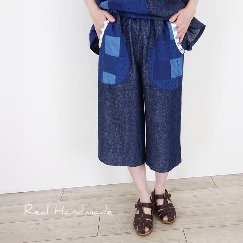 美品 45R コットンリネンデニムのキュロット 2 ブルー - メルカリ