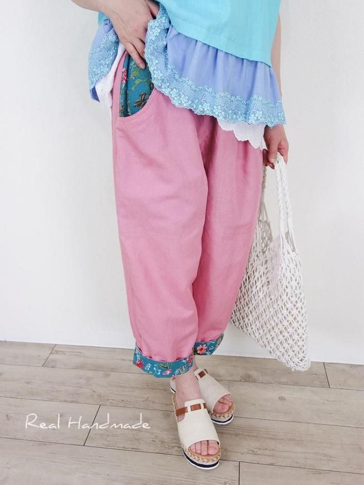 コットンリネンで作った昔もんぺ チェリーピンク ゆったり リラックスパンツ コットンリネンで作った昔もんぺ 桜餅色 ゆったり リラックス