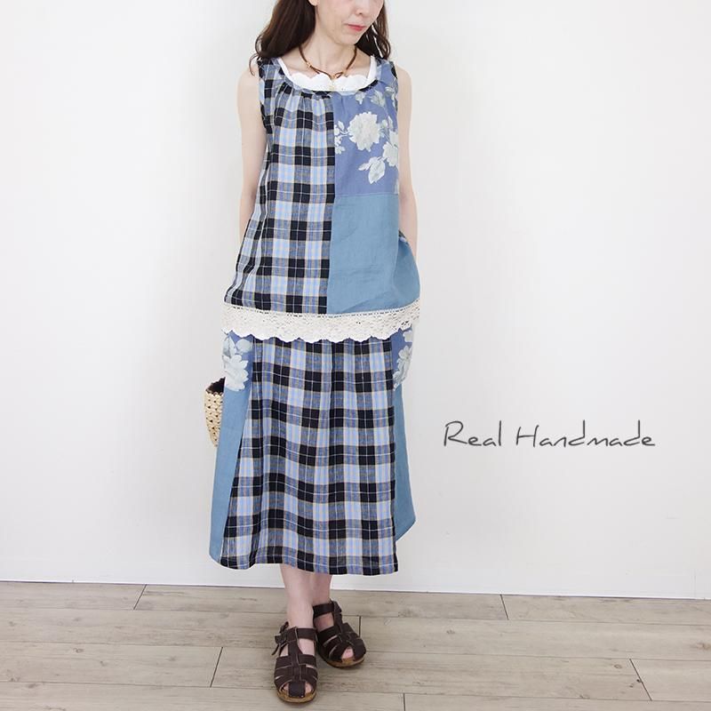 RICORRROBE リネンリボンスカート ホワイト×ブルーチェック M RICORRROBE リネンリボンスカート ホワイト×ブルーチェック M