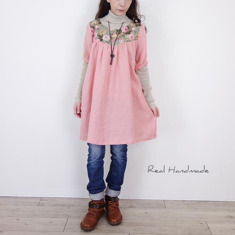 コーラルピンクフレンチリネンワンピース | エレガントなデザイン
