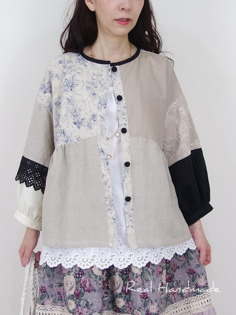 リネンのはおり   ハンドメイド ブルーフラワーリネン羽織りブラウス | 2WAY仕様 - REAL