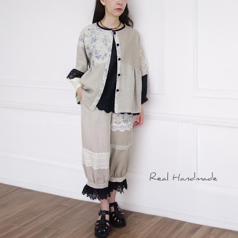 リネンのはおり   ハンドメイド ブルーフラワーリネン羽織りブラウス | 2WAY仕様 - REAL