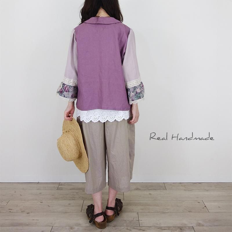 リネンのはおり   ハンドメイド 葡萄色リネン|アンティークローズ羽織りブラウス - REAL