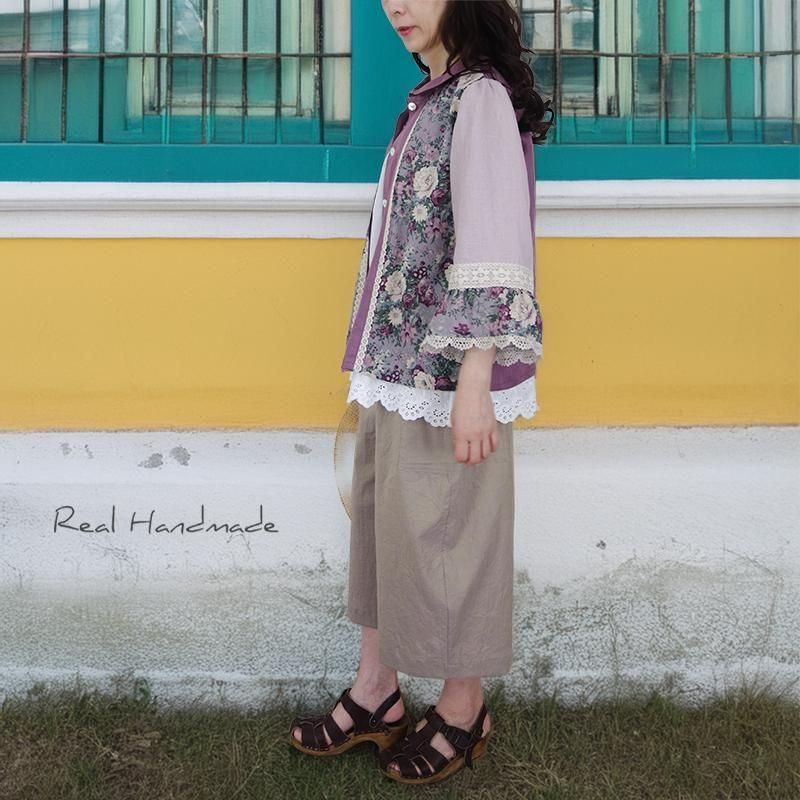 リネンのはおり   ハンドメイド 葡萄色リネン|アンティークローズ羽織りブラウス - REAL