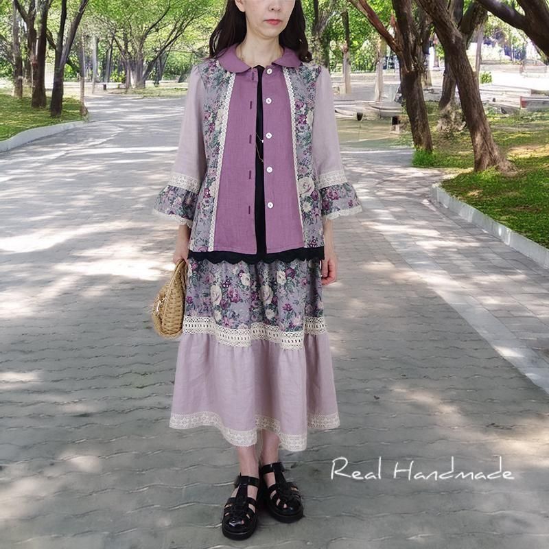 リネンのはおり   ハンドメイド 葡萄色リネン|アンティークローズ羽織りブラウス - REAL