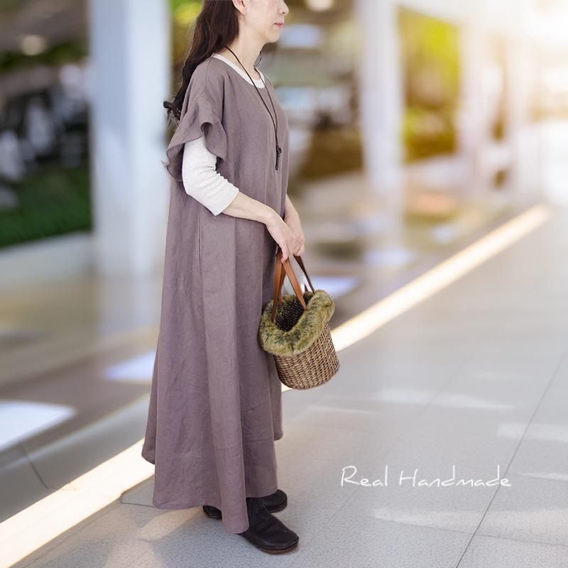 ヨーロッパリネンモカ | Aラインフリルワンピース - REAL HANDMADE