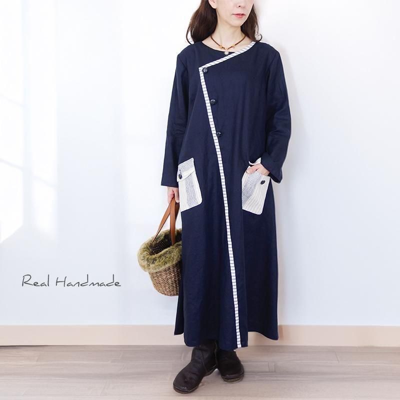 天使の羽根フラップポケットワンピース ネイビーリネン|フラップポケットマキシワンピース - REAL HANDMADE