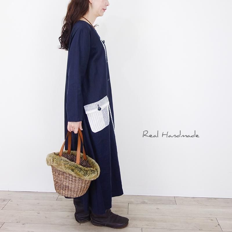 ネイビーリネン|フラップポケットマキシワンピース - REAL HANDMADE