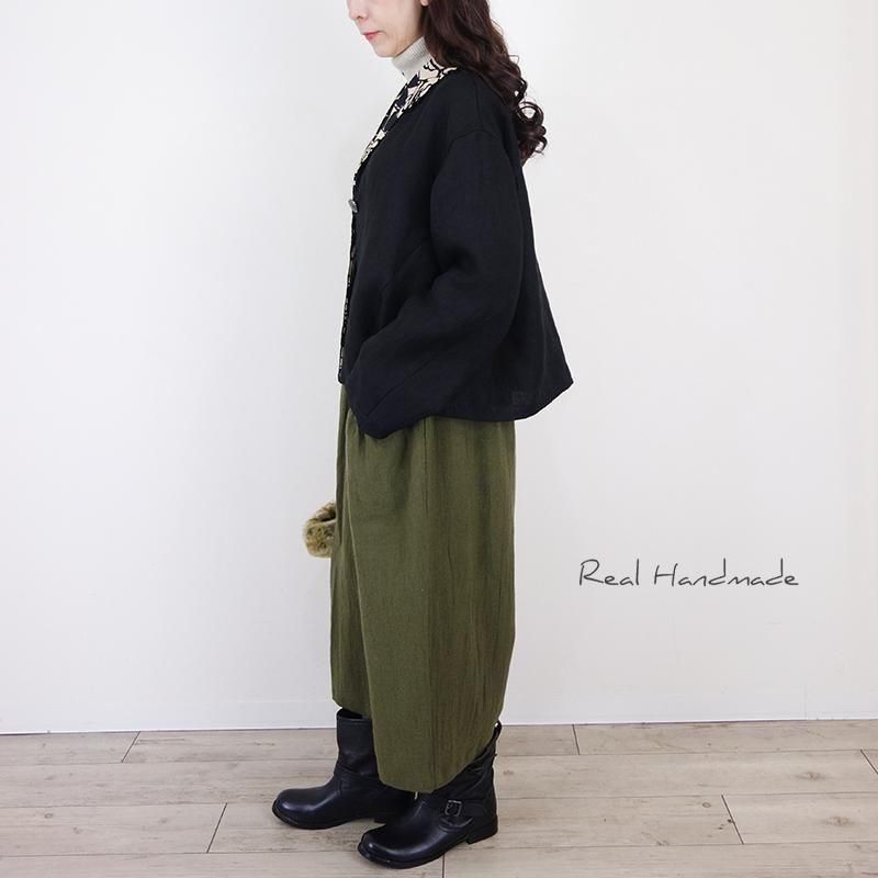 ブラックリネン・羽織りジャケット|切り絵フラワー - REAL HANDMADE