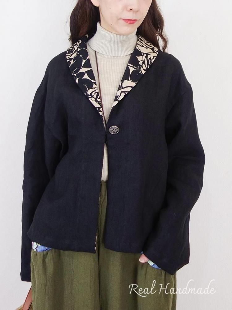ブラックリネン・羽織りジャケット|切り絵フラワー - REAL HANDMADE