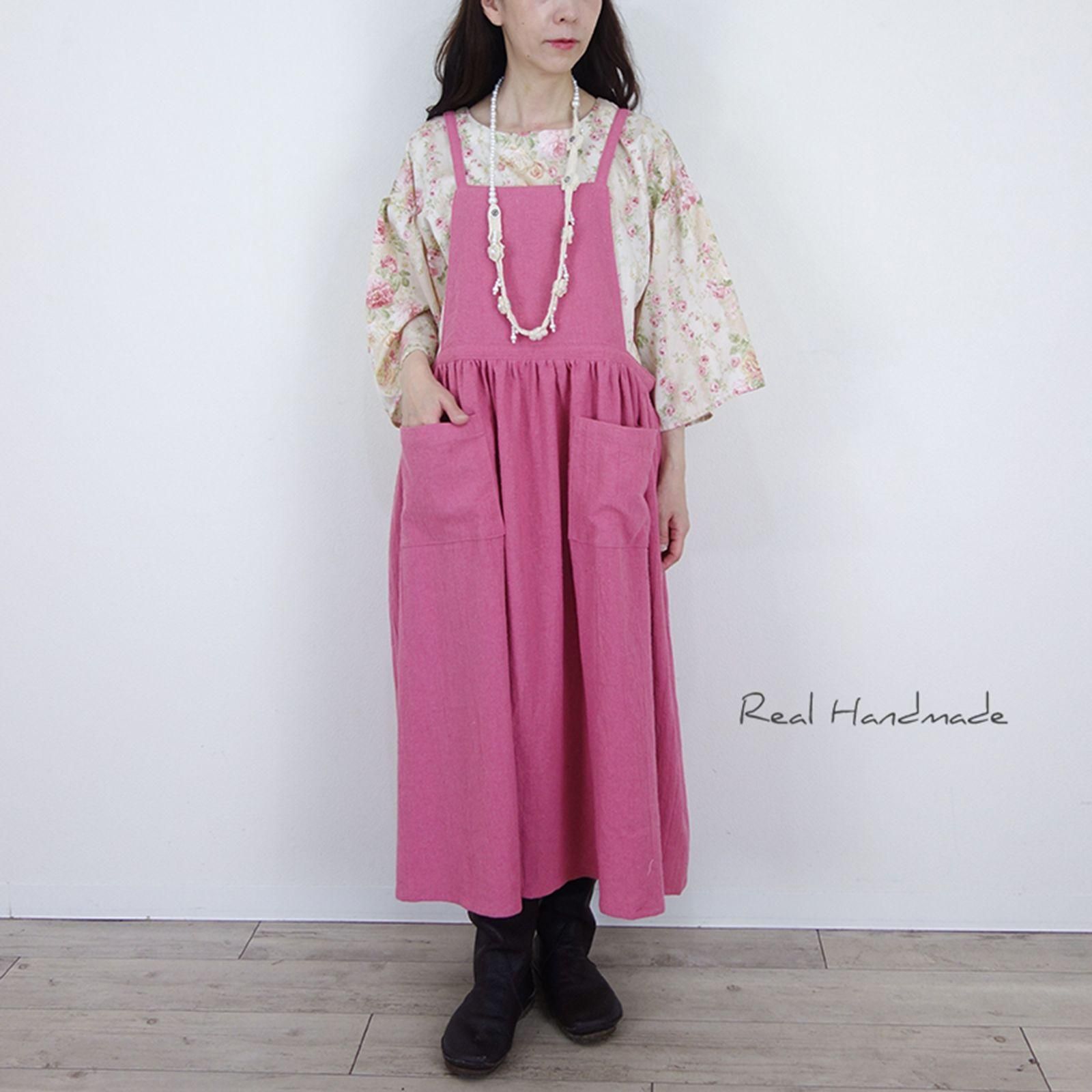 ローズピンクエプロンドレス | ハーフリネン | ワッシャー加工 - REAL
