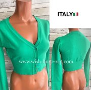 イタリア製/Made in ITALY｜ヴィスコース＆ウール Vネック ミディアムショート すそリブ織りカーディガン/グリーン