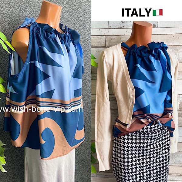 イタリア製インポート | MadeinITALY | スカーフデザイン サイドくくりトップス/ブルー