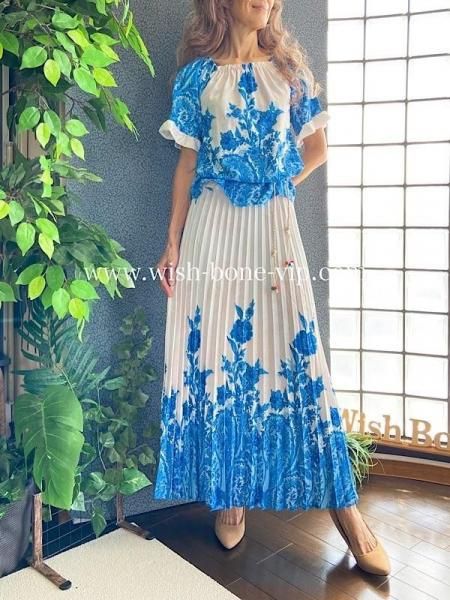 【期間限定SALE】イタリアインポート Made in Italy カットソー＆ロング丈マキシスカート 2wayセットアップ /ホワイト＆ブルー(S)(M)(L)