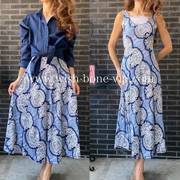 フランス製インポート ロング・マキシワンピース｜ブルー＆ホワイト