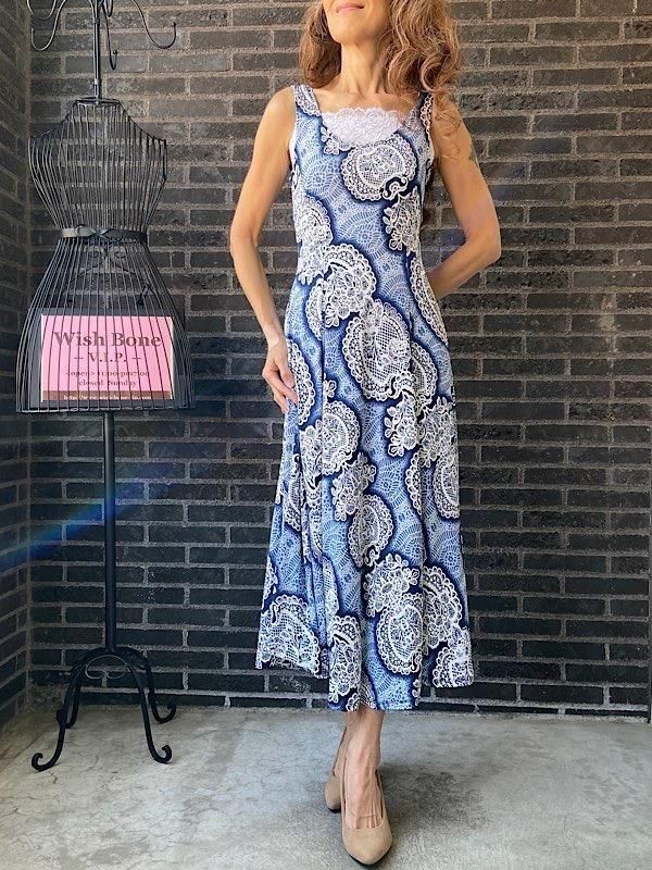 フランス製インポート ロング・マキシワンピース｜ブルー＆ホワイト