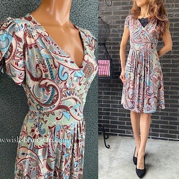 美品 フィフィーユ フランス製 ペイズリー柄 ジャージー ニットワンピース 総柄 美品 フィフィーユ フランス製 ペイズリー柄 ジャージー ニット