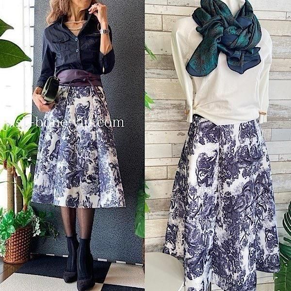 *美シルエット 厚地モノトーン Aライン・台形 ミディアム丈スカート|ホワイト&ダークネイビー