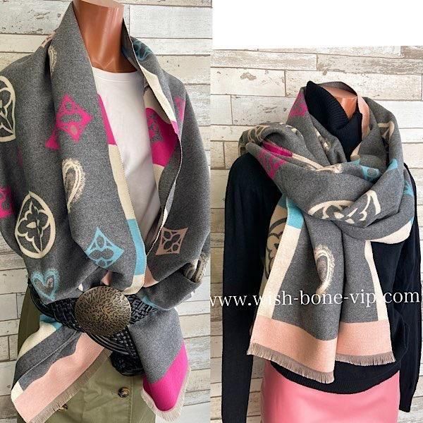 *オマケ付き/180cm大判&厚手 ロングストール・ショール・膝掛け・肩掛け/グレー・クリーム&ピンクブルー