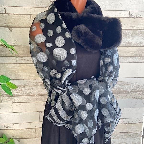 *シースルー立体ROSE 大判ストール・ショール&ロングスカーフ|グレー・ストライプ&ドット