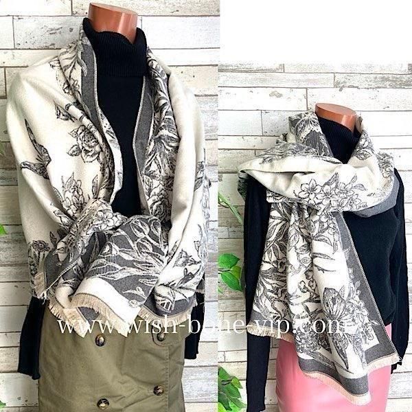 予約商品*180cm大判&厚手 ロングストール・ショール・膝掛け・肩掛け/グレー&クリーム