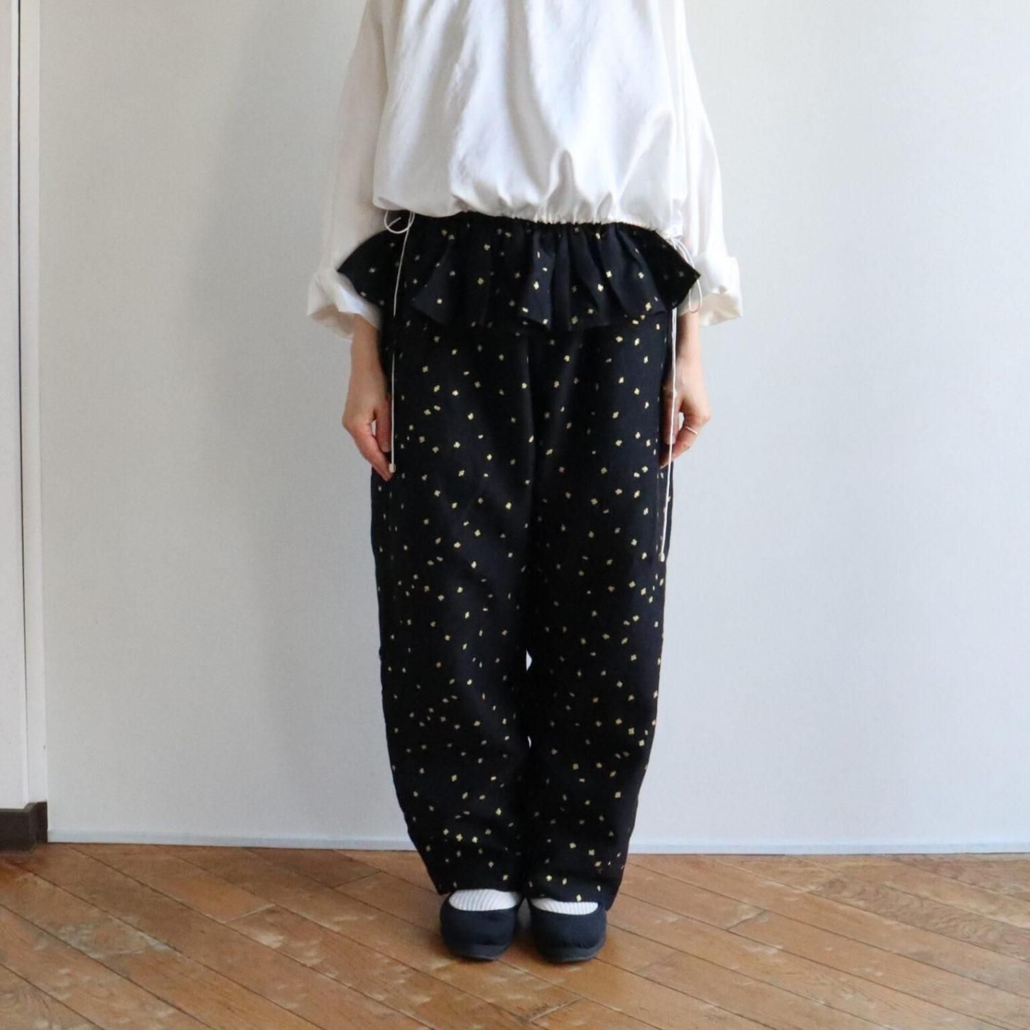 BUNON｜Khadi Linen Hand Print & Embroidery　Enbroidery Frap Pants