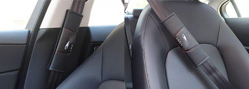 2ピース ジャガーロゴ ブラックレザー カーシート安全ベルトストラップカバー ショルダーパッド（2個1ｾｯﾄ） - AOYAMA PITIN