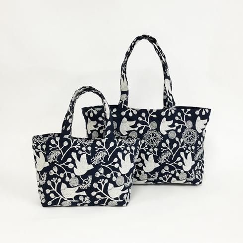 点と線　bird garden 刺繍トートバッグ ネイビー 刺繍生地のミニバッグ bird garden - 点と線模様製作所