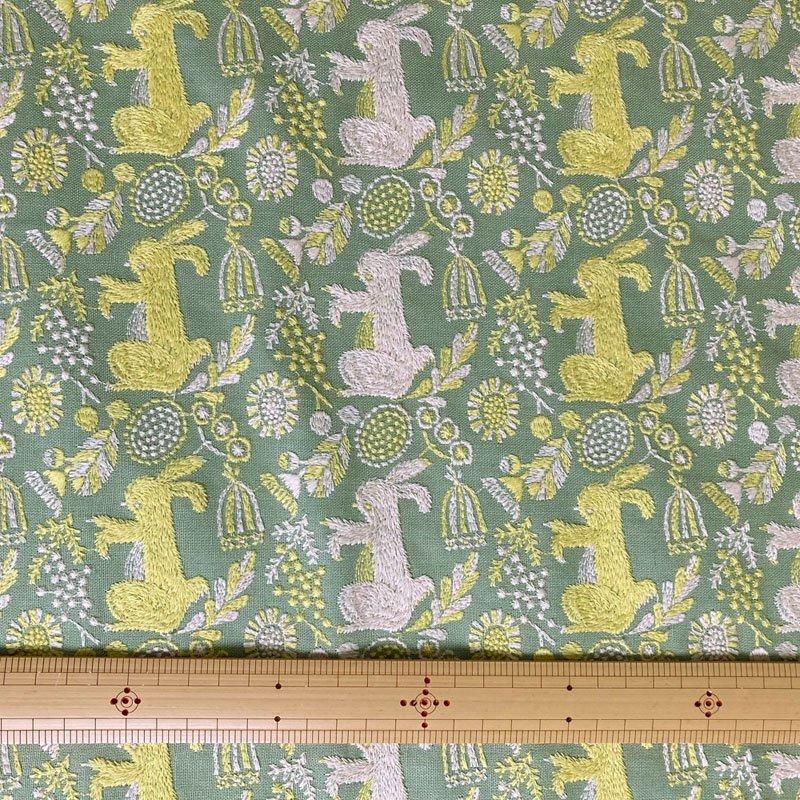 反物　生地　リメイク生地　刺繍　グリーン　長期保管品 kkb2810b_1.jpg