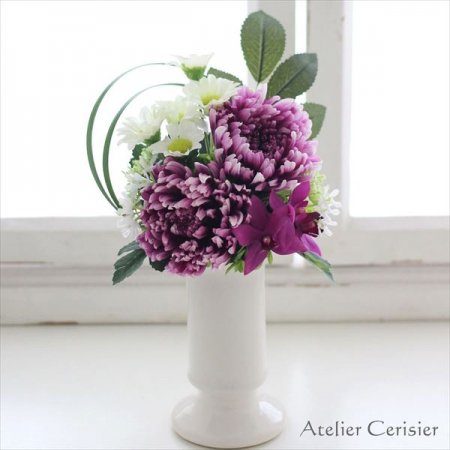 大輪菊のお供え花（メランジュ 紫×白）MLサイズ プリザーブドフラワー