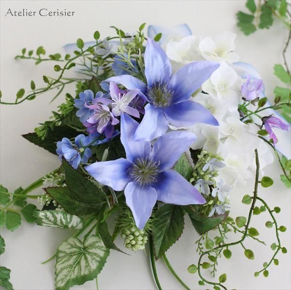 ブルー クレマチス＆紫陽花 スワッグ ホワイト アーティフィシャルフラワー