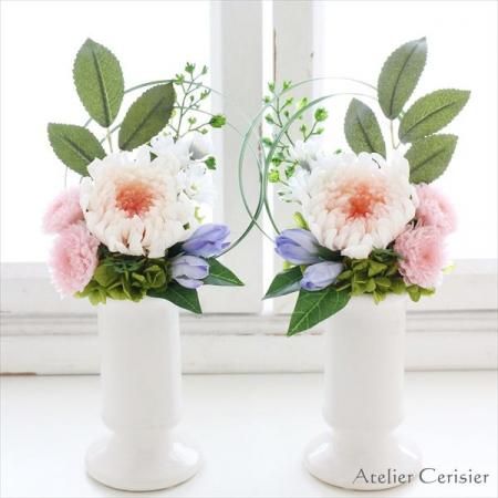 仏花一対 菊をベースにして心をこめて制作 きれいな状態で長持ち ホワイト・ピンク 仏花一対 菊をベースにして心をこめて制作 きれいな状態で