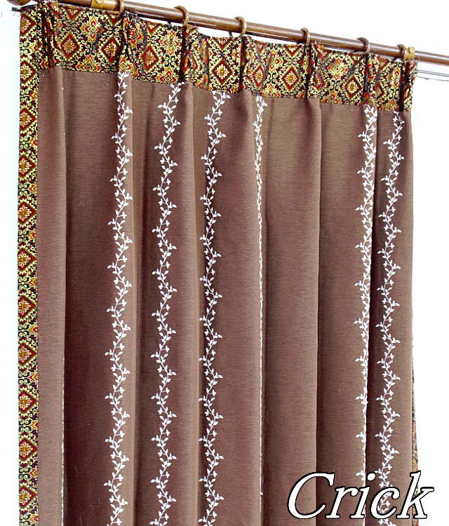 カーテン モダン 遮光2級 上飾り付きバリスタイル ブラウン色 刺繍リーフ柄の検索結果へ