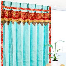 アジアン風モダンカーテン遮光1級ペパーミントブルー色ピンストライプ柄《メタリックMメムクル》のイメージ