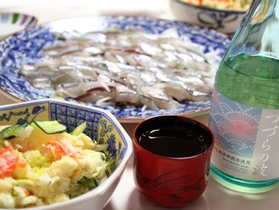 大江山　つづらの波　純米酒　サヨリの刺身　ポテトサラダ　