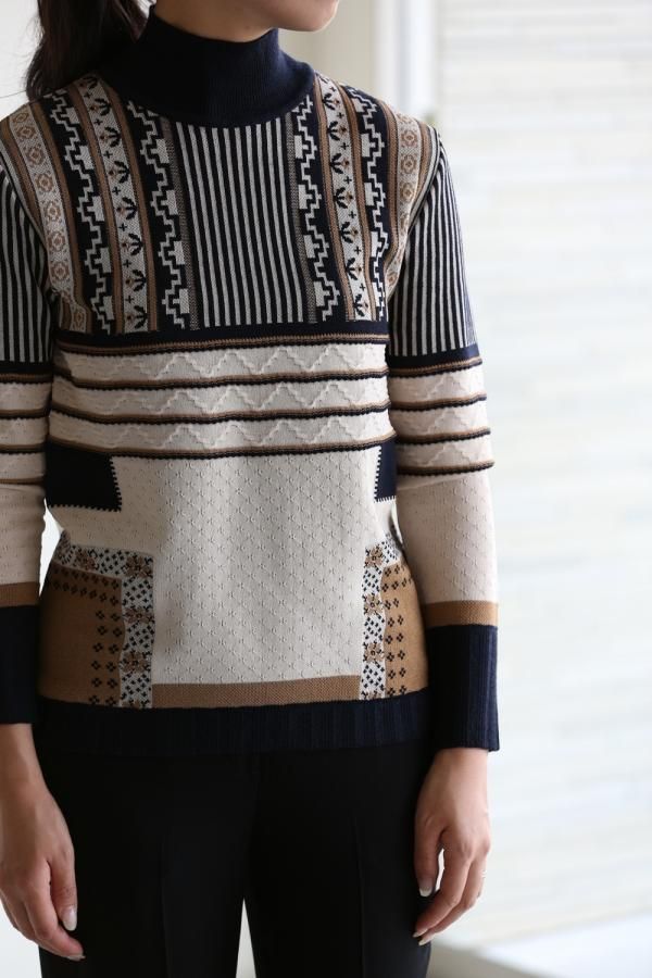 Pedicel Jacquard Knit Tops NAVY - YAMAROKU（ヤマロク