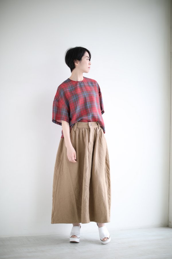 unfil(アンフィル) cotton&linen-tweed gathered skirt solid-khaki - YAMAROKU（ヤマロク）  オンラインストア