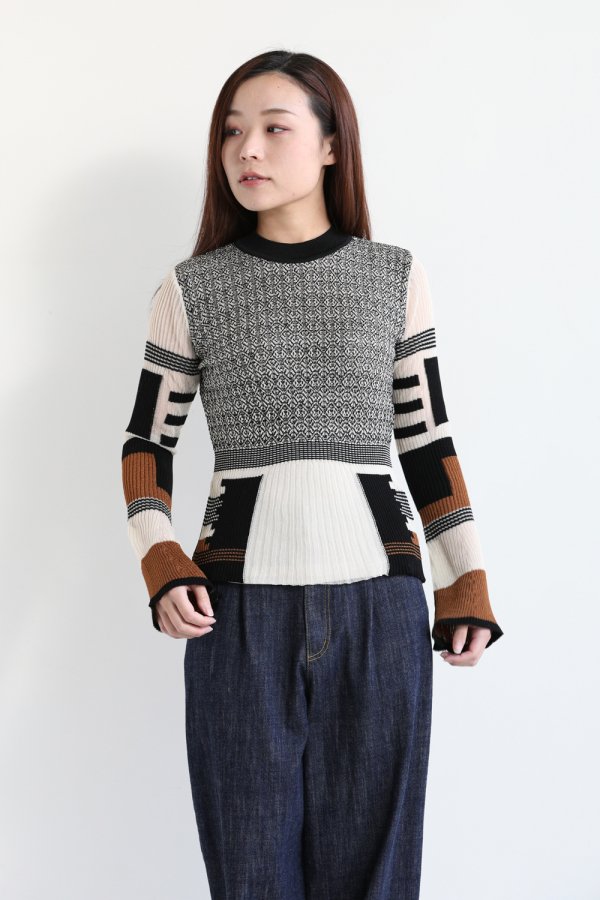 Mame Kurogouchi(マメ) Mixed Knitted Fabric Peplum Pullover