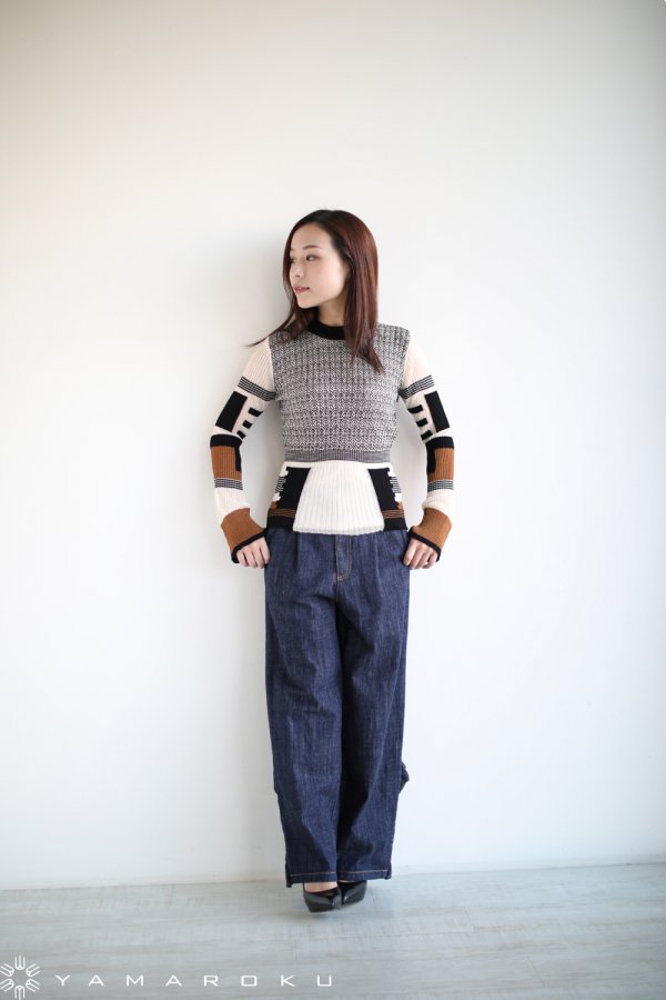 Mame Kurogouchi(マメ) Mixed Knitted Fabric Peplum Pullover ...